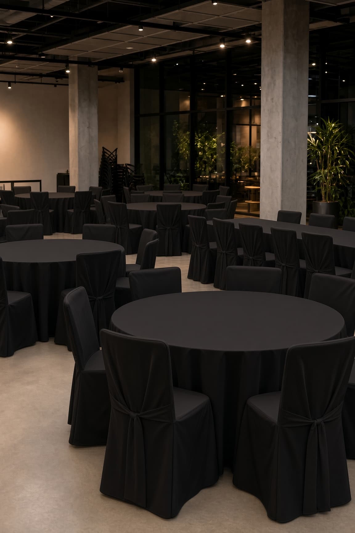 Indoor company event with banquet seating and stage lighting