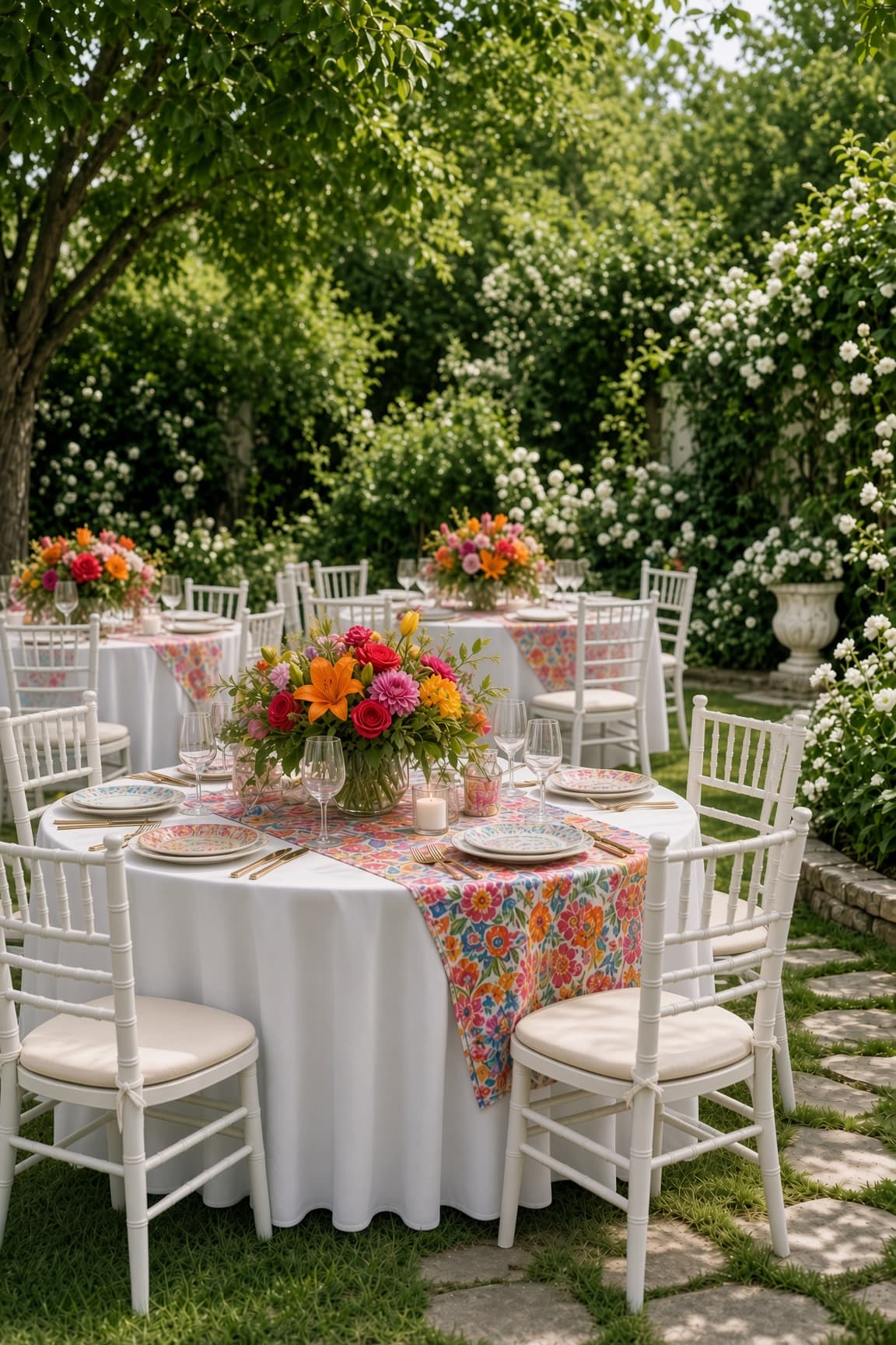 Garden brunch table setting with floral centerpieces