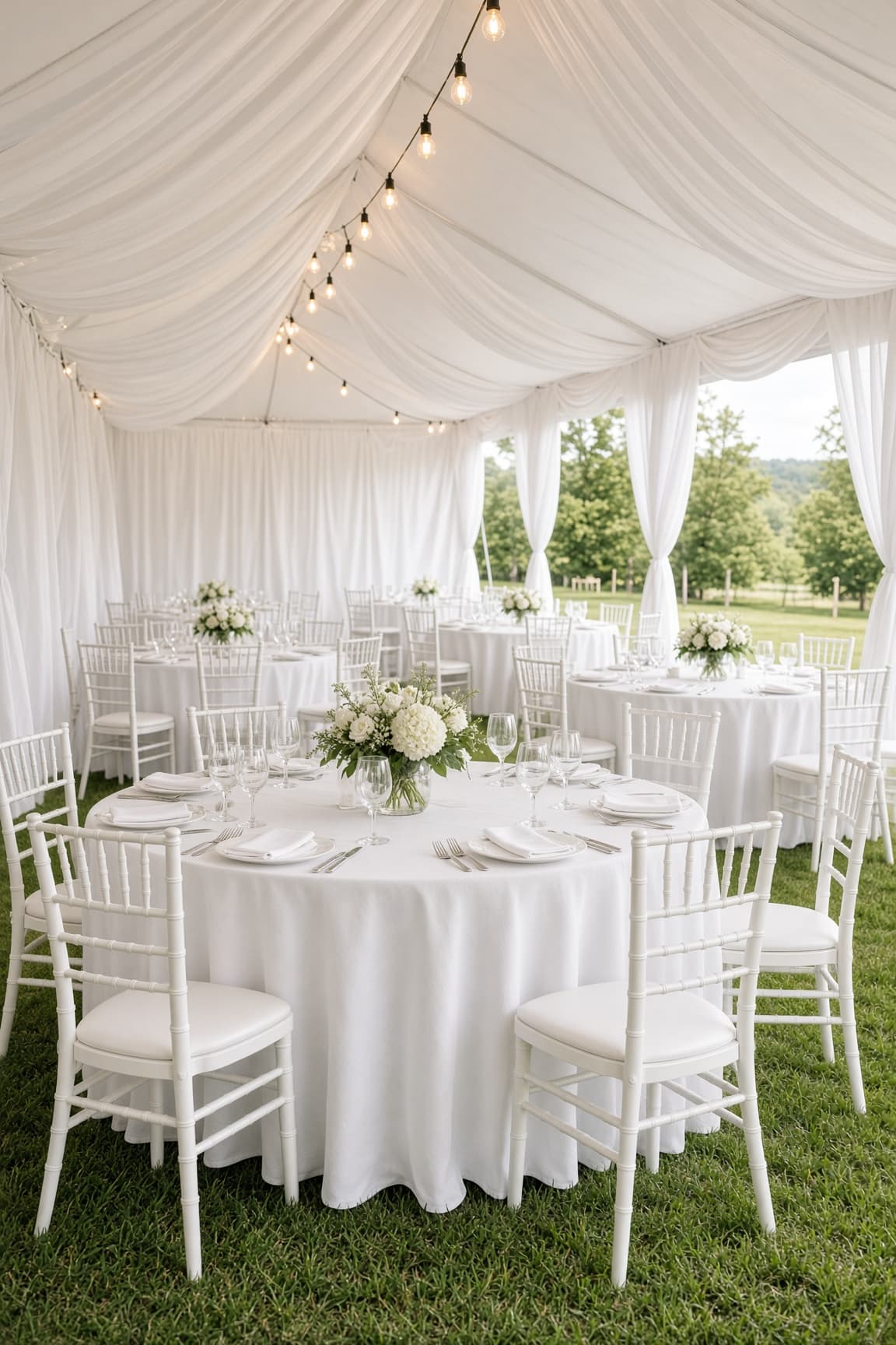 Outdoor wedding reception tables under string lights